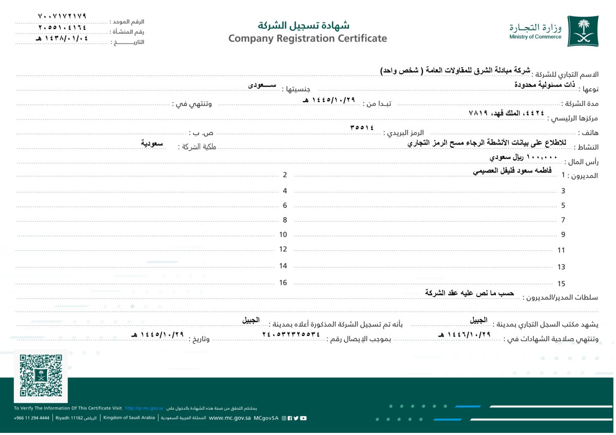 MEG Company Registration Certificate